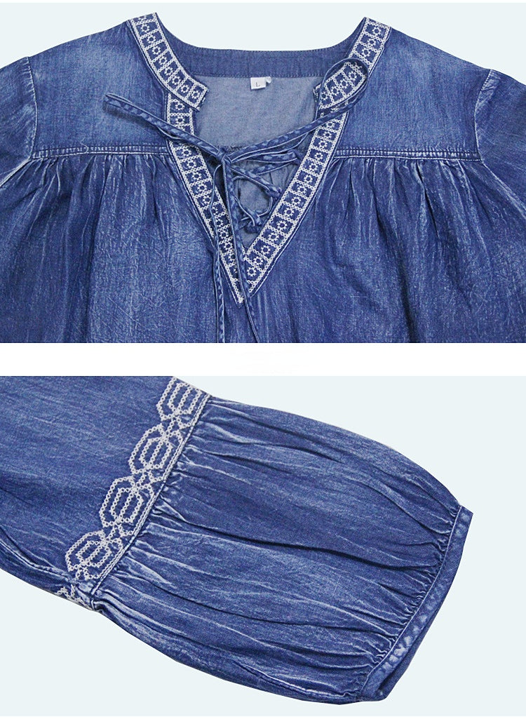 Embroidered Mid-Sleeve Vintage V-Neck Tie Loose Dress