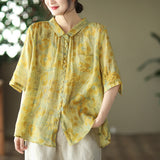 Vintage Floral Ramie Casual Summer Women Shirt