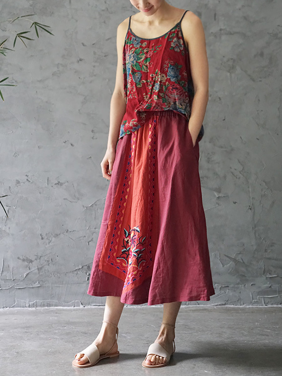Plus Size Women Ethnic Flower Print Colorblock Summer Cotton Vest