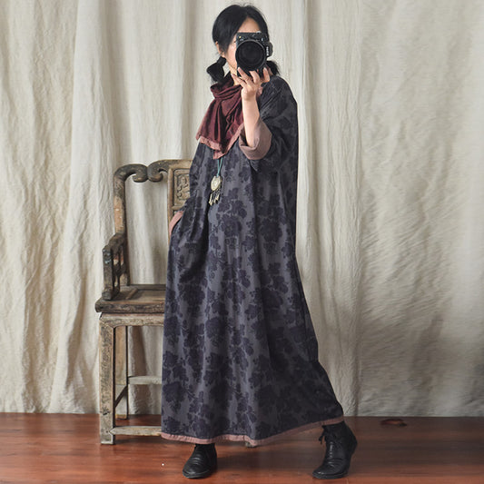 Women Spring Floral Stitching O-Neck Loose Robe Dress