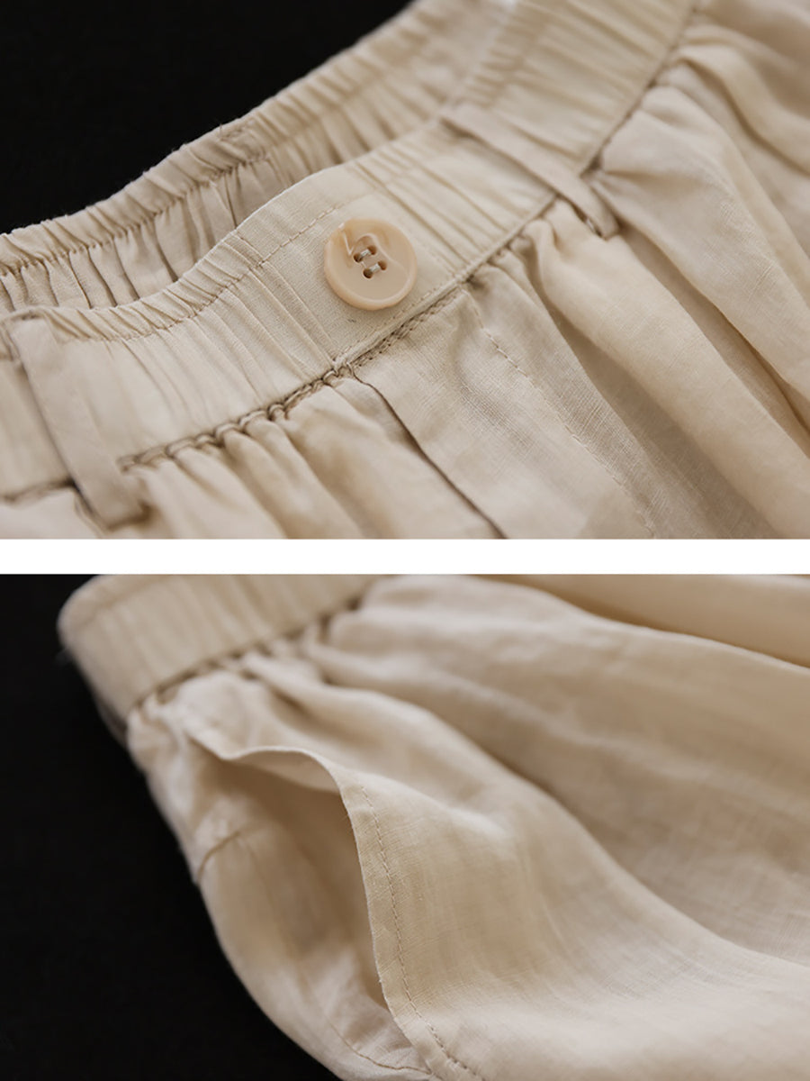 Women Vintage Solid Button Pleat Summer Ramie Pants