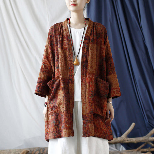 Manteau ample imprimé avec poches ethniques pour femmes, automne