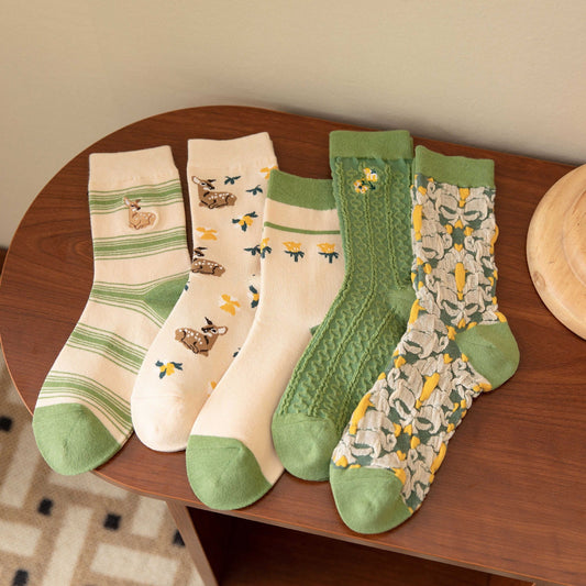 5 paires de chaussettes vertes en jacquard floral et cerf pour femmes