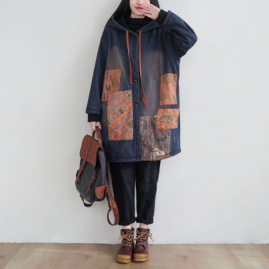 Women Vintage Spliced Denim Hooded Padded Coat