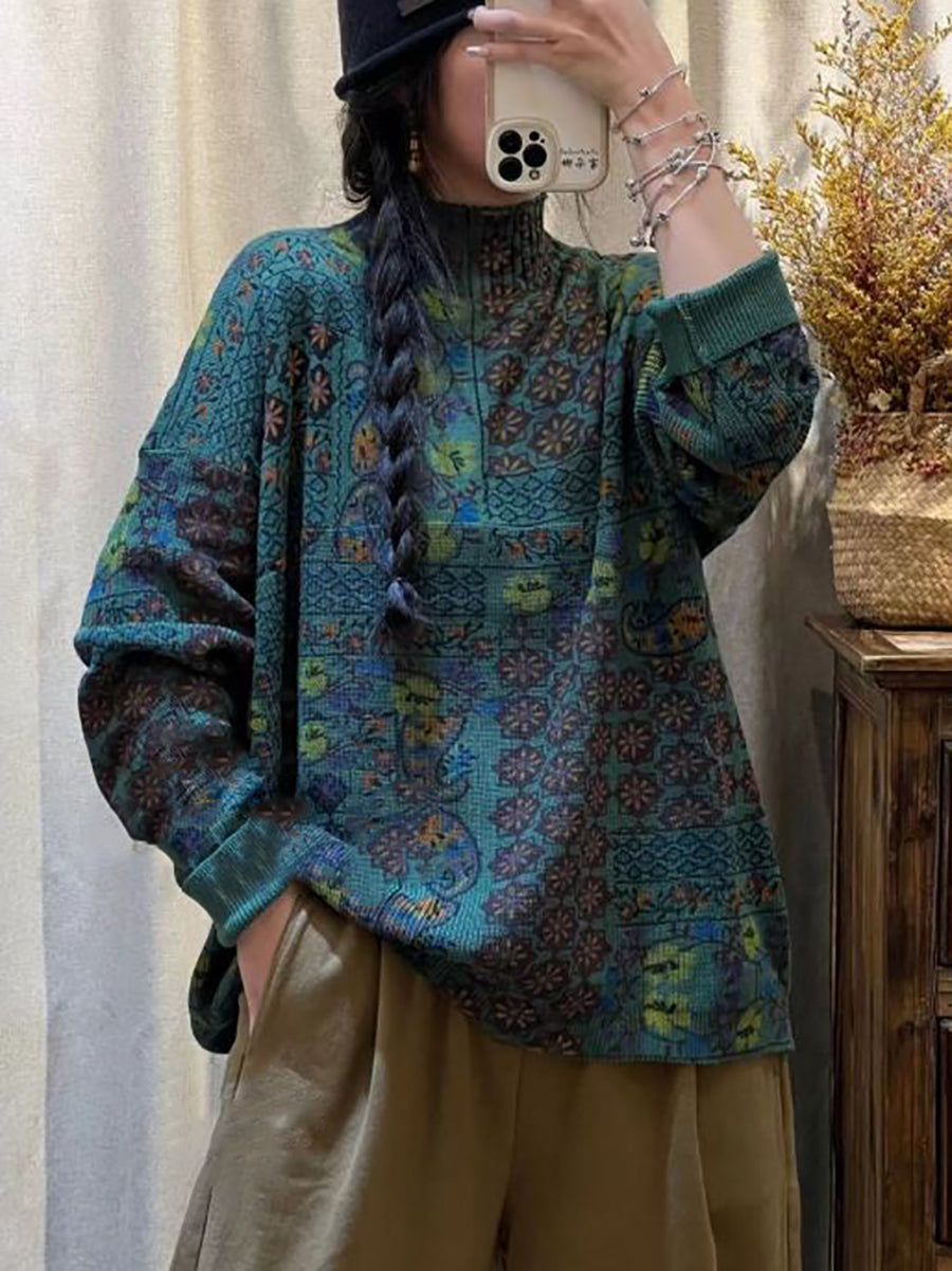 Women Vintage Flower Spliced Turtleneck Sweater