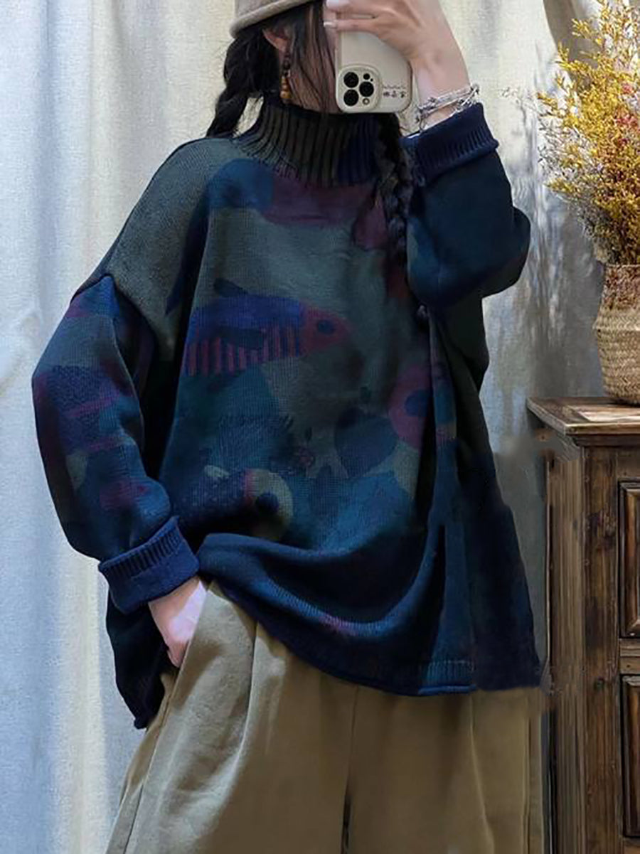 Women Casual Fish Knitted Loose Turtleneck Sweater