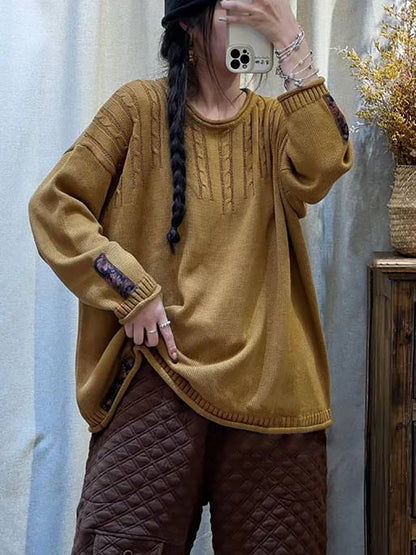 Women Vintage Jacquard Spliced Knitted Sweater