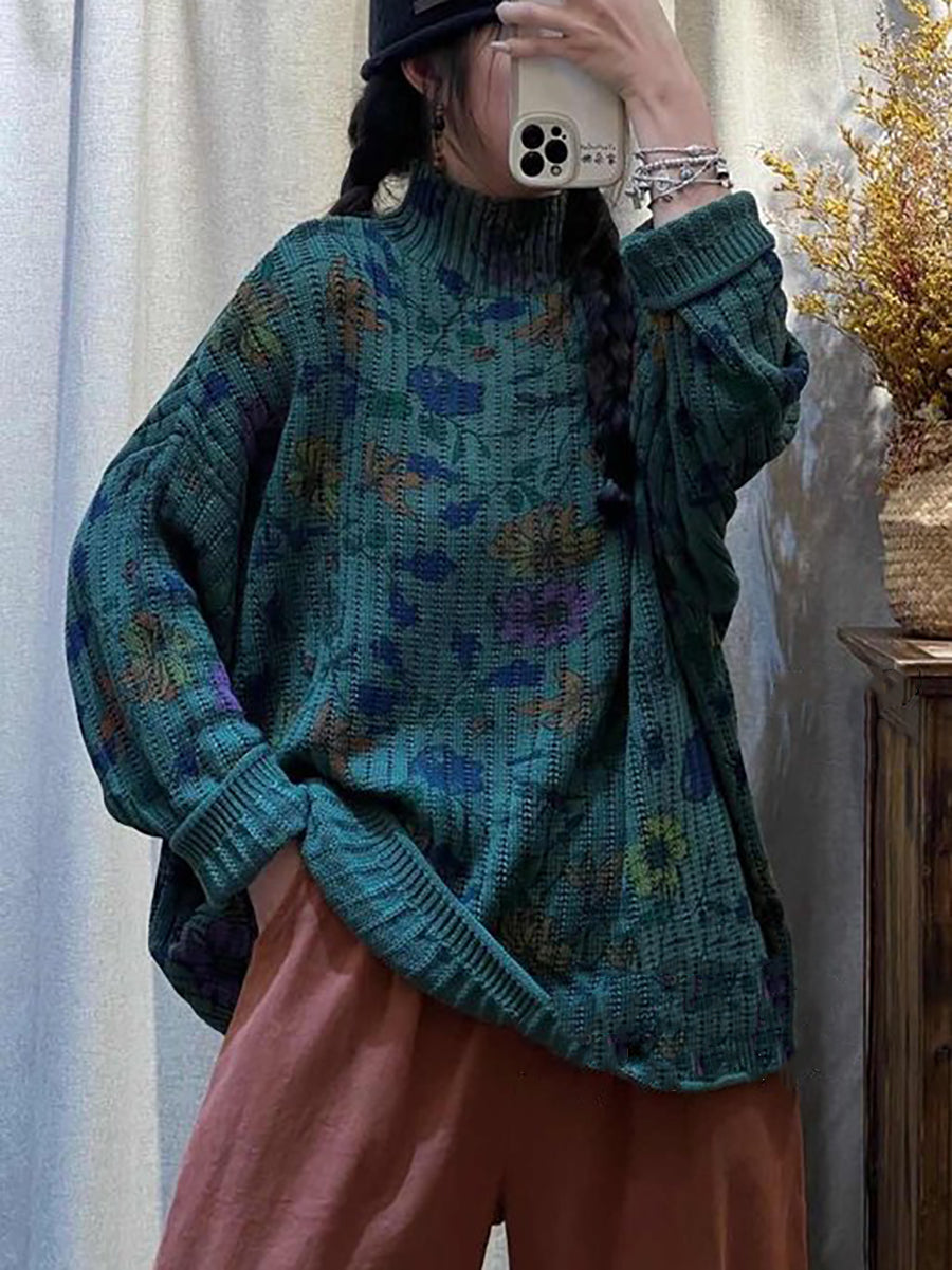 Women Winter Vintage Flower Turtleneck Sweater