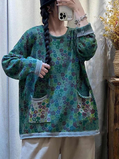 Women Artsy Flower Pocket Knitted Loose Sweater