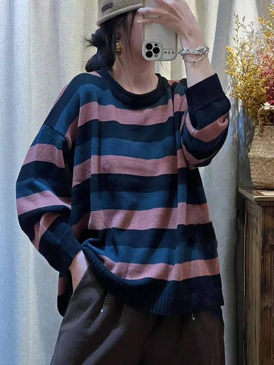 Women Casual Colorful Stripe Knitted Sweater
