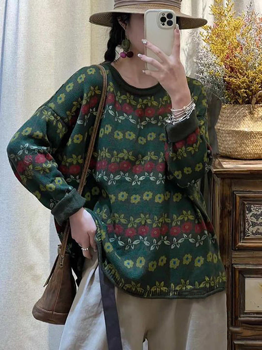 Women Casual Floral Knitted O-Neck Sweater