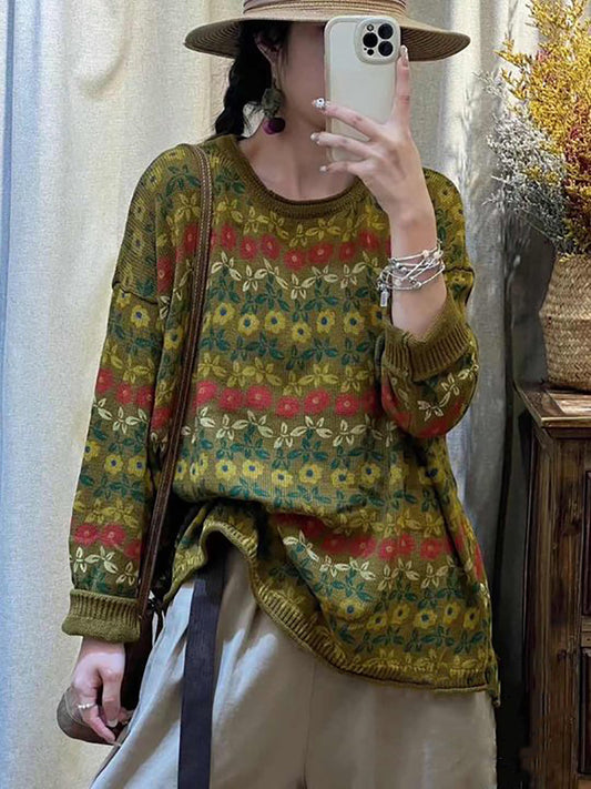 Women Casual Floral Knitted O-Neck Sweater