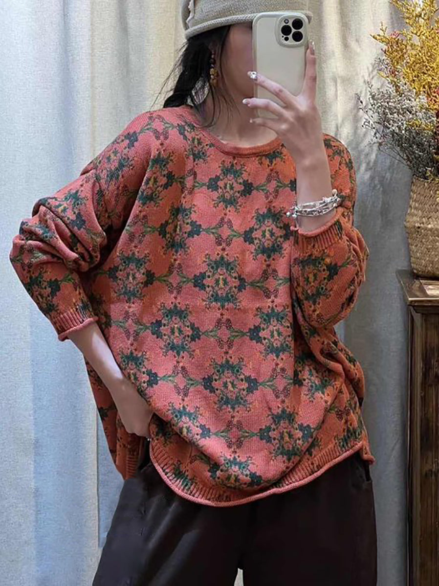 Women Flower Knitted Loose O-Neck Sweater