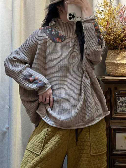 Pull à col roulé tricoté épissé vintage pour femme