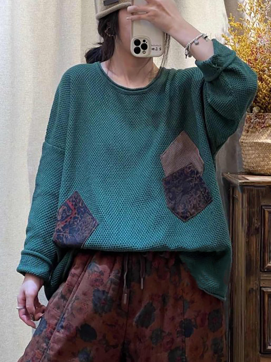 Women Casual Spliced Knitted O-Neck Sweater