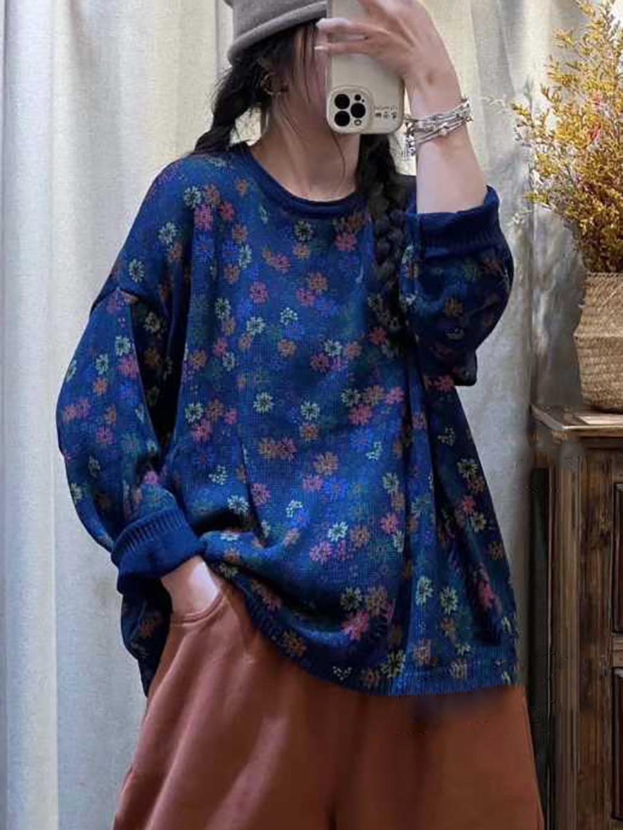 Women Casual Flower Knitted O-Neck Sweater