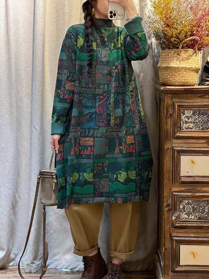 Women Artsy Print Spliced Turtlenek Sweater Dress