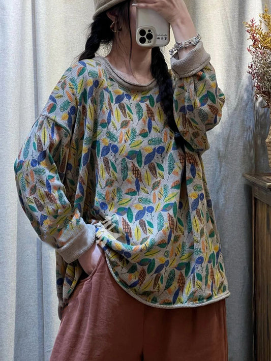 Pull à ourlet tricoté avec feuilles vintage pour femmes