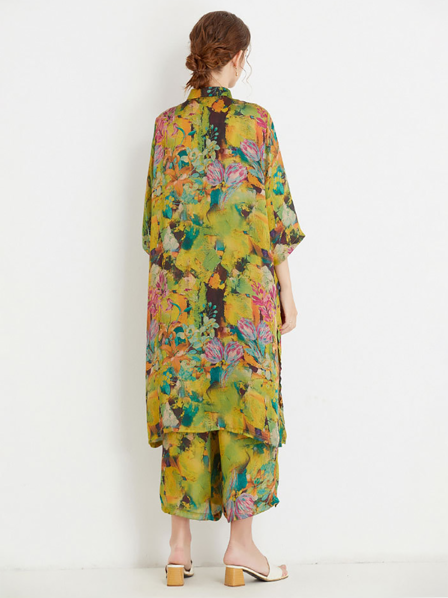 Plus Size Women Artsy Ornate Floral Button Loose Long Suits