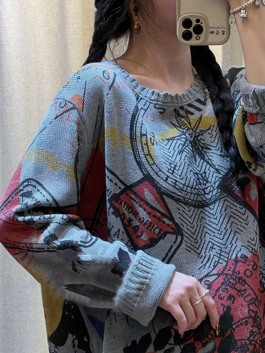 Women Casual Print Knitted Winter O-Necck Sweater
