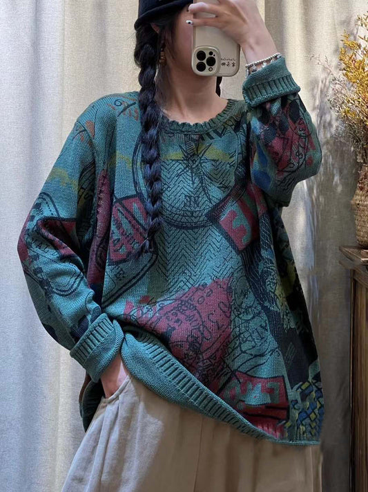 Pull tricoté à col rond pour femme, imprimé décontracté, hiver